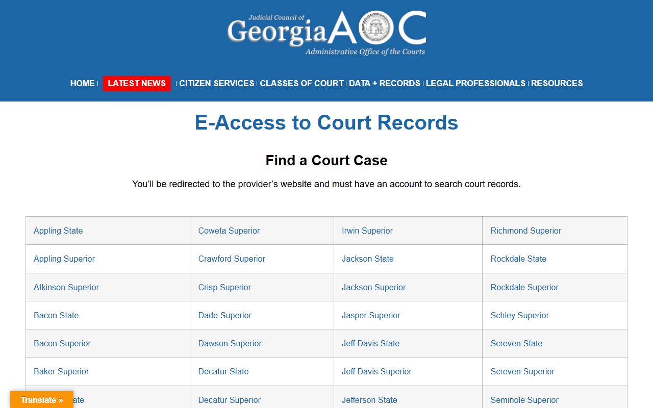 Georgia eAccess court records information page