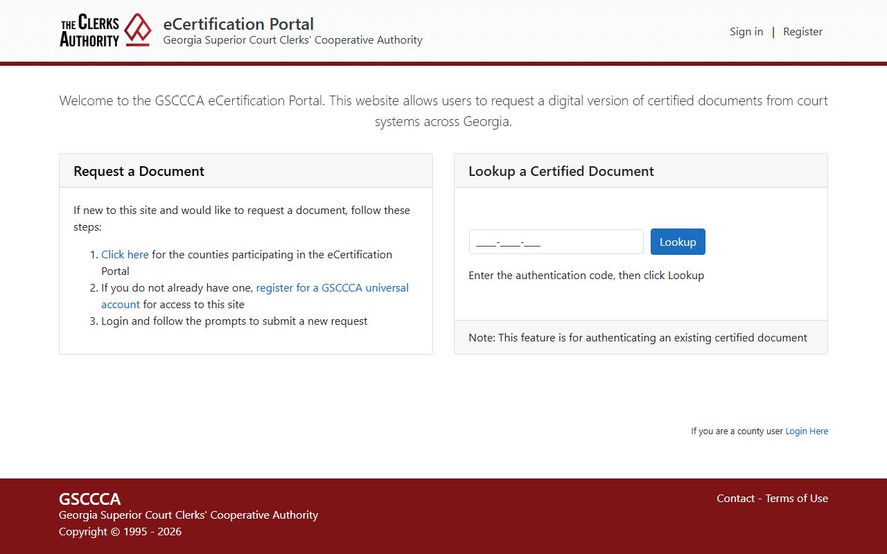 Georgia GSCCCA eCertification portal for court records