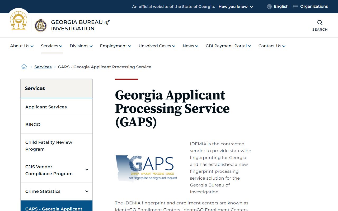 Georgia GAPS applicant processing service page