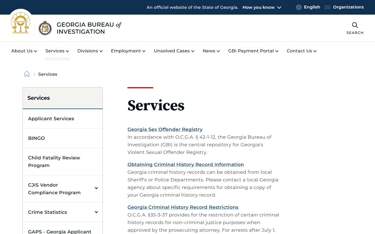Georgia GBI services directory for criminal records