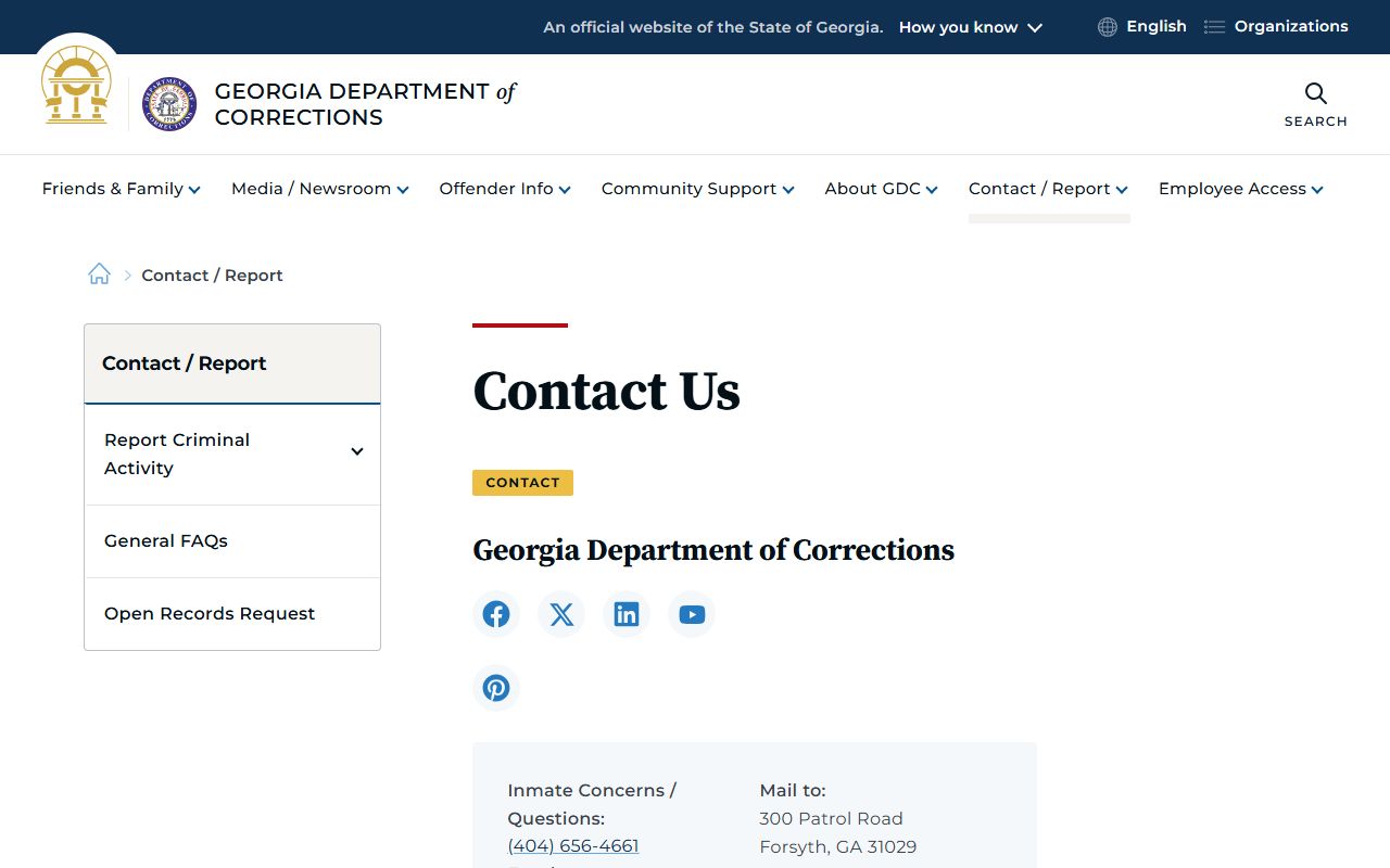 Georgia GDC contact page for criminal records inquiries