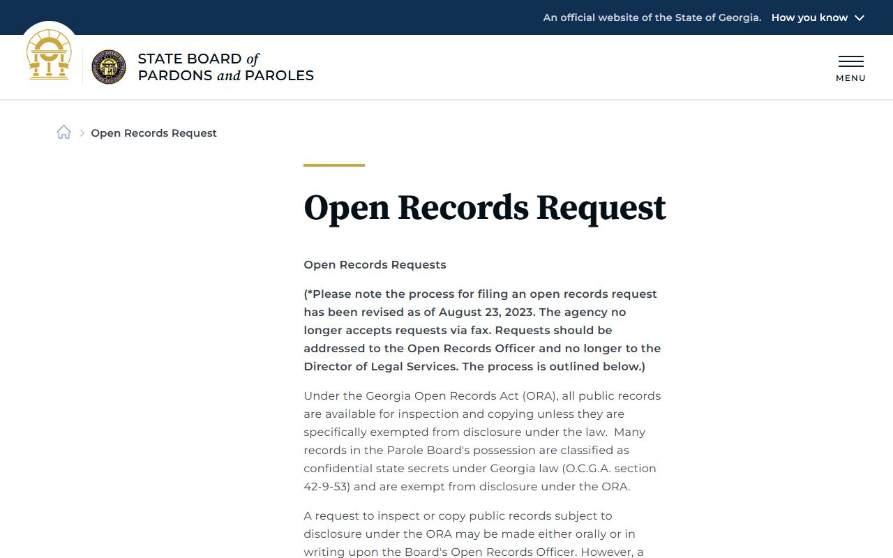 Georgia Pardons and Paroles open records request page