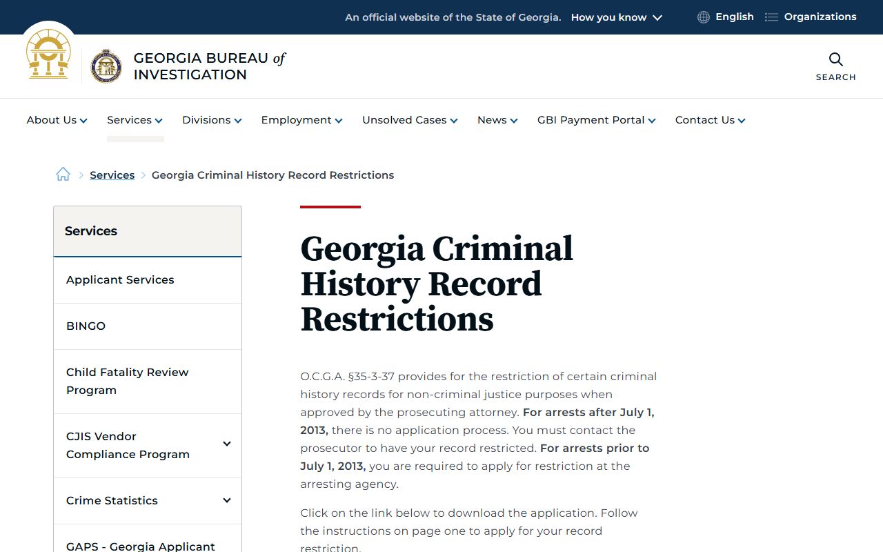 Georgia GBI criminal history record restriction information